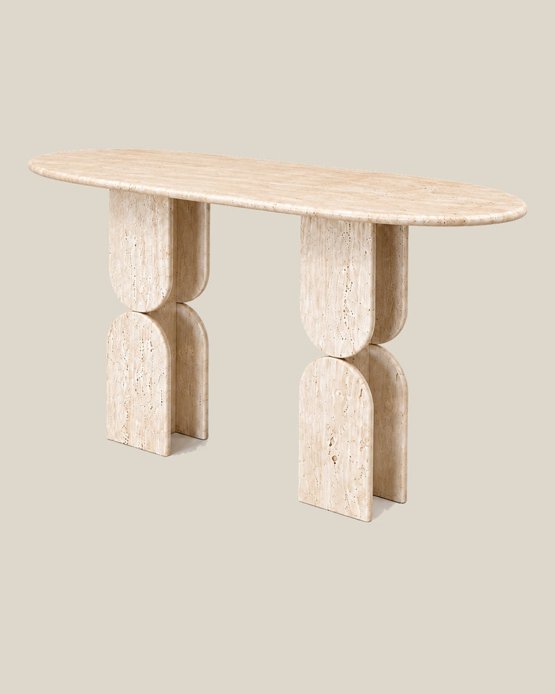 Sculptural Travertine Console Table by CARVINGS, right three-quarter view on BONE.