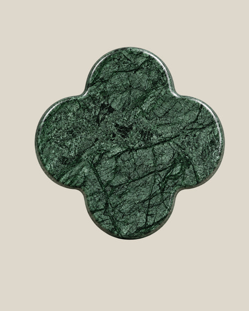 ALHAMBRA Door Knob by ATOMS in Forest Green, front view of the four-lobed natural stone face.