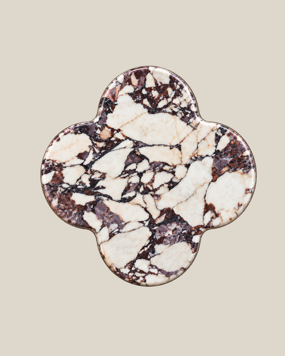 ALHAMBRA Door Knob by ATOMS in White & Violet, front view of the four-lobed natural stone face.