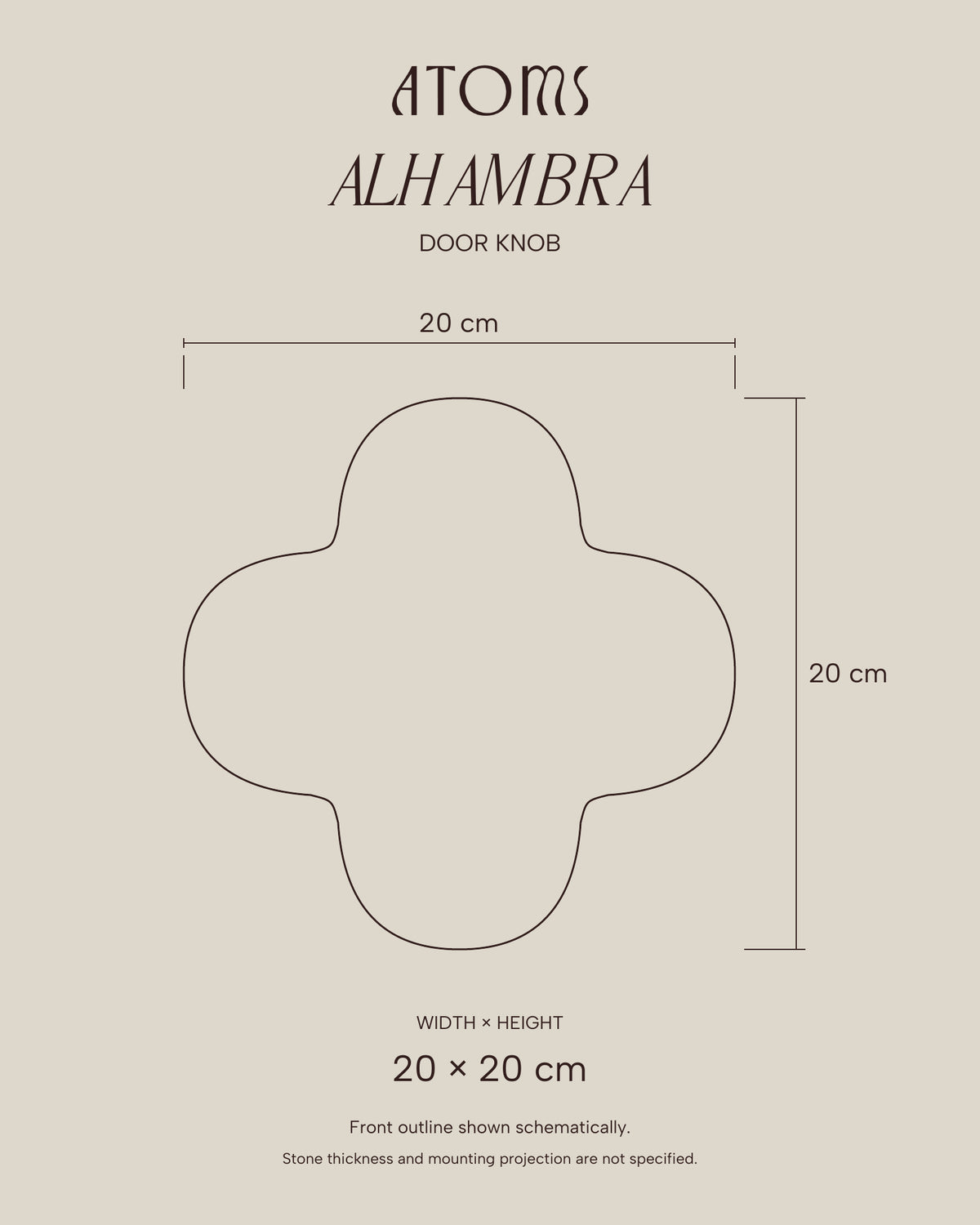 ALHAMBRA Door Knob outline dimensions: width 20 cm and height 20 cm; thickness and mounting projection are not specified.