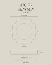 Mini Sun Tray dimension outline on BONE background: 12.5 cm overall diameter and 2 cm total thickness. Scallops and recess are schematic.