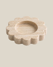 ATOMS Mini Sun Tray in Travertine Beige, three-quarter view on BONE background; 12.5 cm diameter and 2 cm thick.