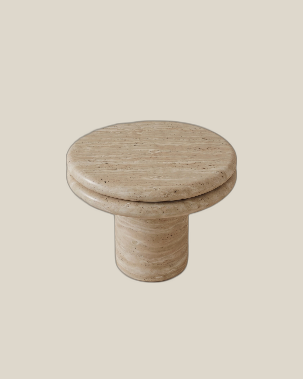 BALZANO Side Table in Travertine Beige on BONE background, 50 cm diameter and 45 cm high