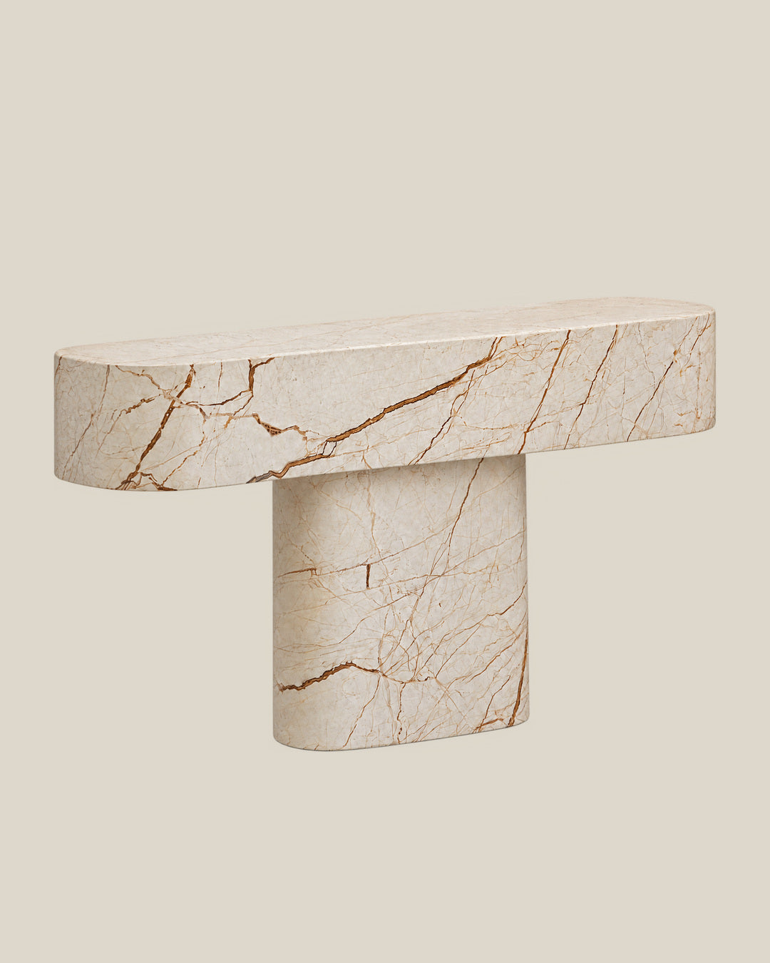 BUTTER console table by CARVINGS in Sofita Beige Marble, front-left view on a BONE background.
