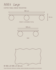 MIRA Large Beige Travertine coffee table — dimensions in cm