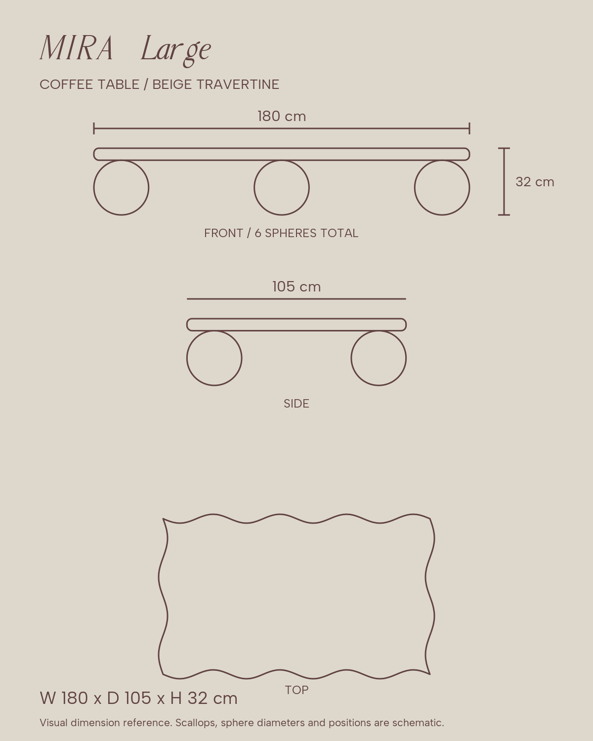 MIRA Large Beige Travertine coffee table — dimensions in cm