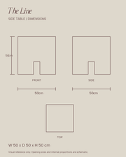 The Line Side Table dimension sketch — 50 × 50 × 50 cm