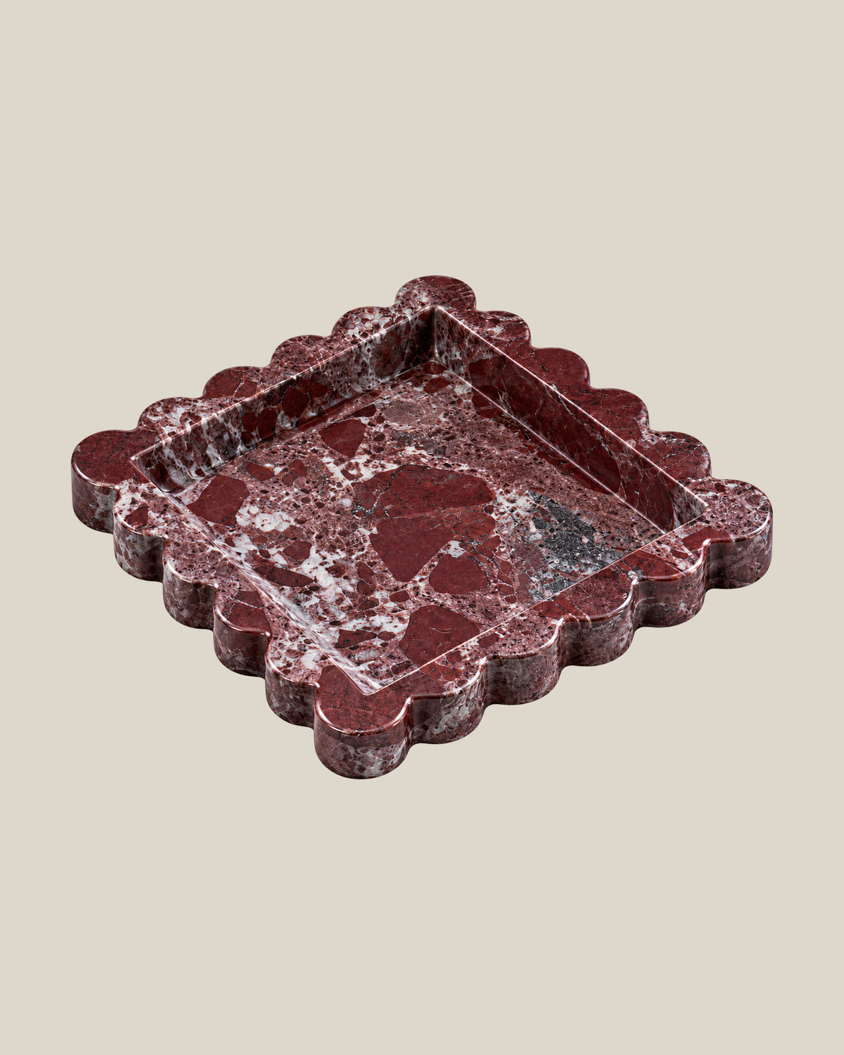 Tiffany Tray in burgundy marble, perspective view on BONE background — 20 × 20 cm, 2 cm thick