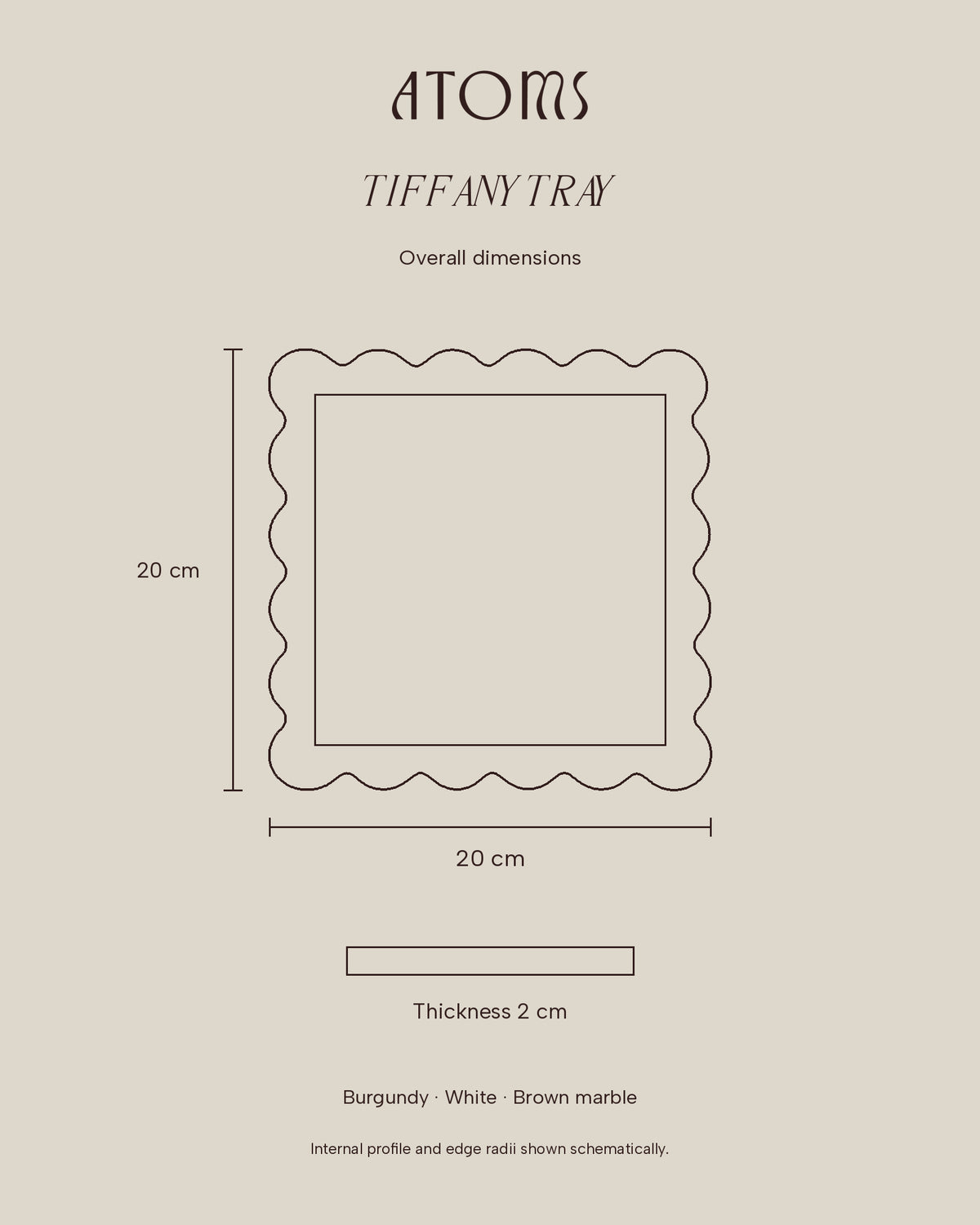 Tiffany Tray scalloped outline dimensions — 20 × 20 cm, thickness 2 cm