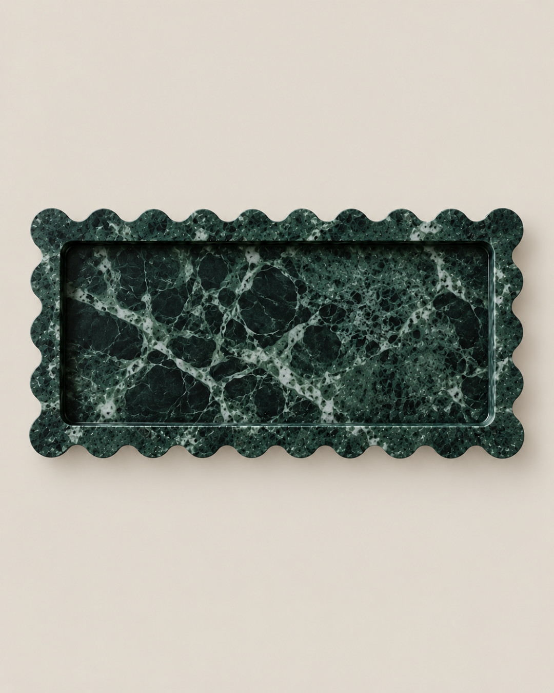 Tiffany+ Tray in Green Marble, Slim size, overhead view with scalloped edge.