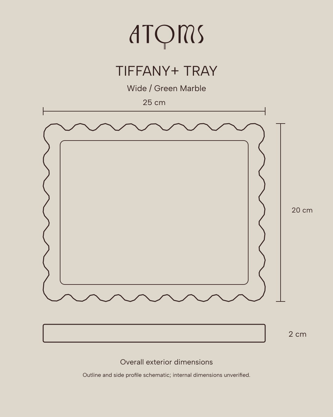 Tiffany+ Tray Wide: 25 × 20 × 2 cm overall exterior dimensions.