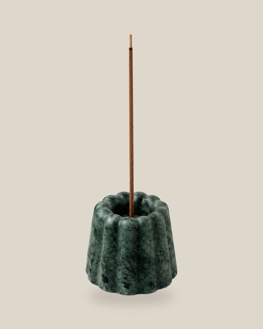 ATOMS Cupcake Essence Holder in Verde Marble, shown with an incense stick; stick not included, on BONE background.
