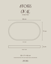 ATOMS OVAL Tray dimension drawing: 30 cm long, 17 cm wide and 2 cm high on a BONE background
