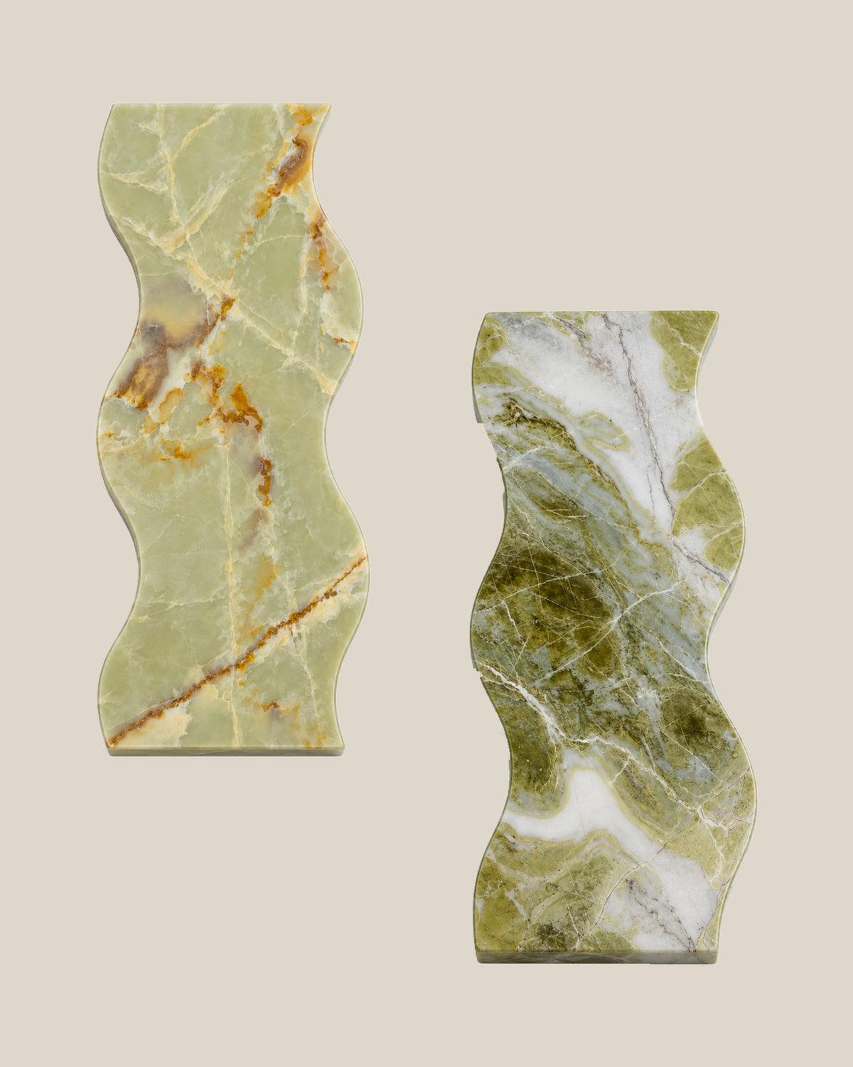 ATOMS Sezy Tray — Pale Green & Gold + Olive & White, paired styling; each tray sold separately on BONE background
