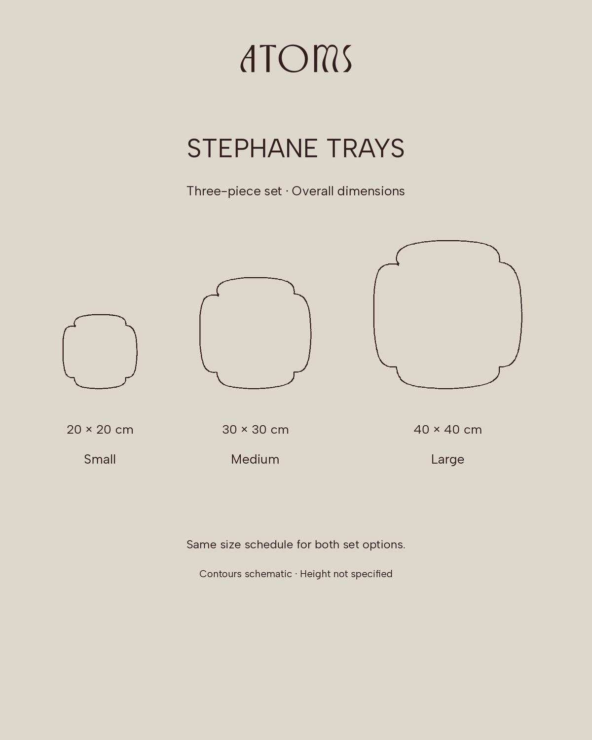 Stephane tray set dimensions: 20 by 20, 30 by 30 and 40 by 40 centimetres