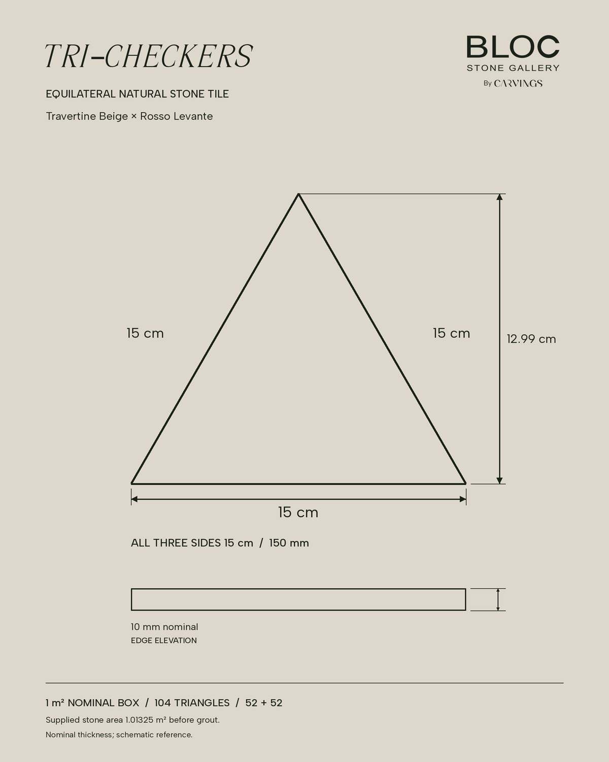 BLOC TRI-CHECKERS — Beige × Burgundy triangle dimensions, 15 cm per side on BONE background
