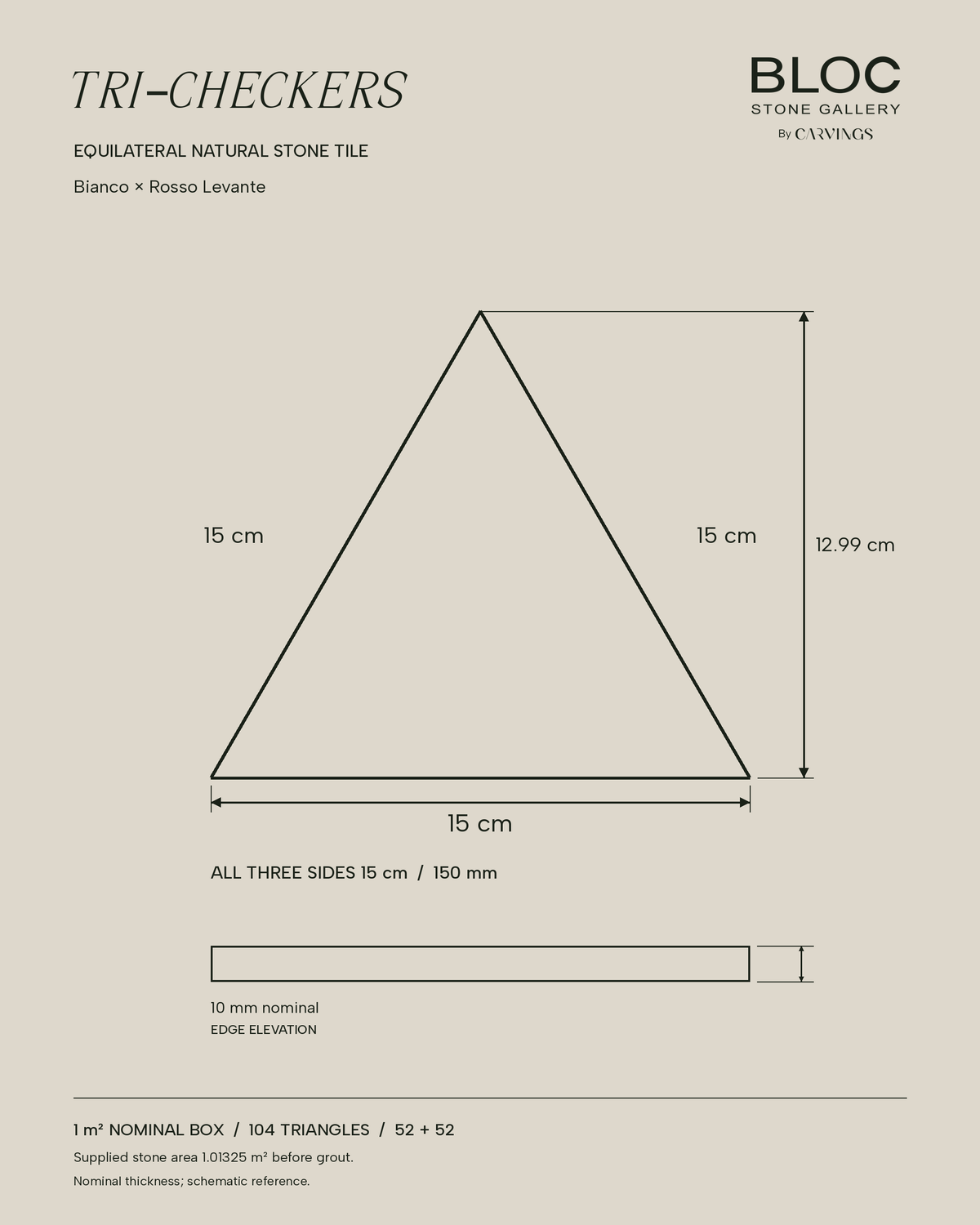 BLOC TRI-CHECKERS — Plain White × Burgundy triangle dimensions, 15 cm per side on BONE background