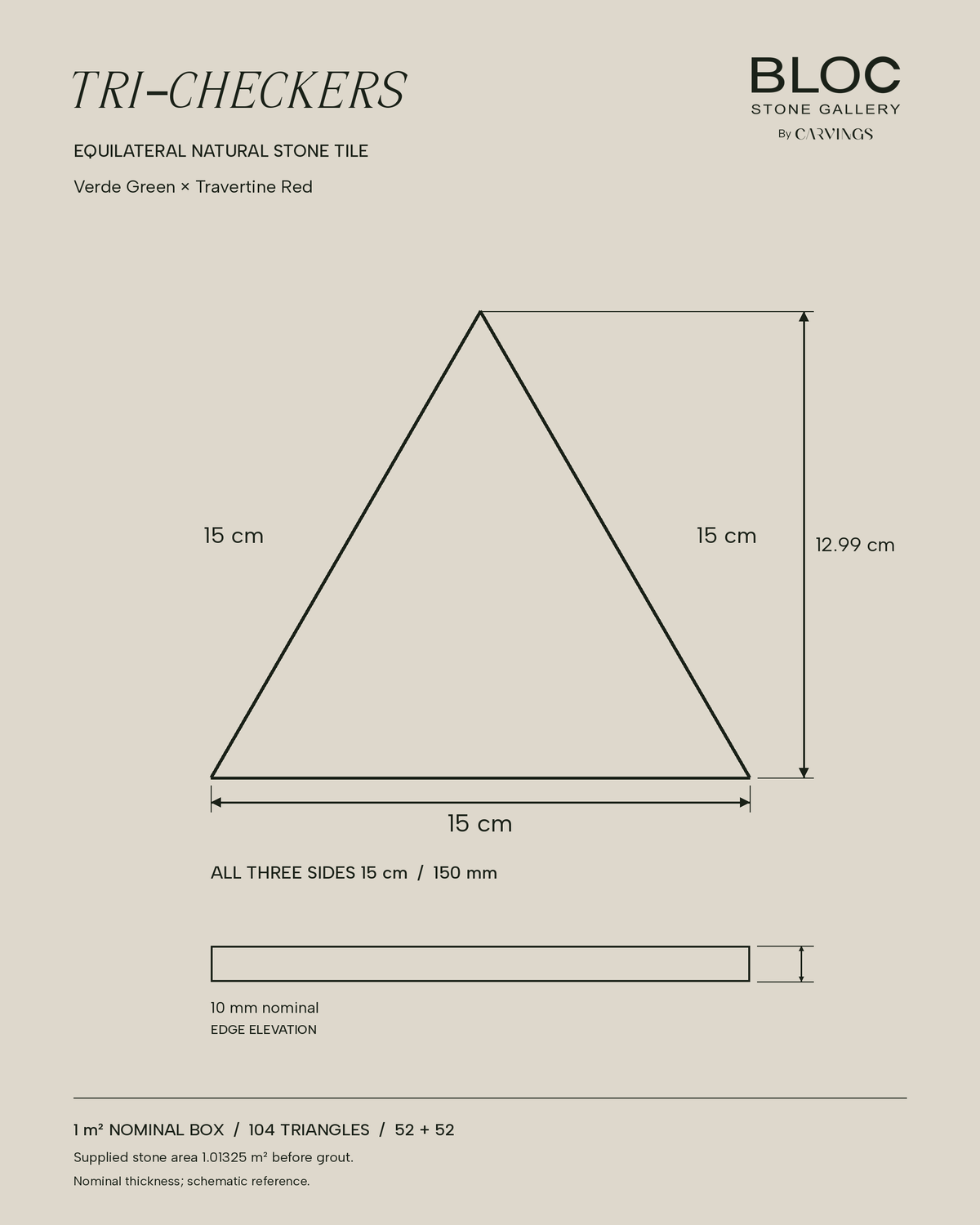 BLOC TRI-CHECKERS — Green × Red triangle dimensions, 15 cm per side on BONE background