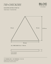 BLOC TRI-CHECKERS — Green × Red triangle dimensions, 15 cm per side on BONE background