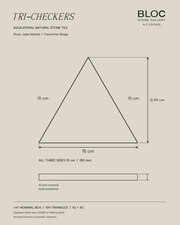 BLOC TRI-CHECKERS — River Jade × Beige triangle dimensions, 15 cm per side on BONE background
