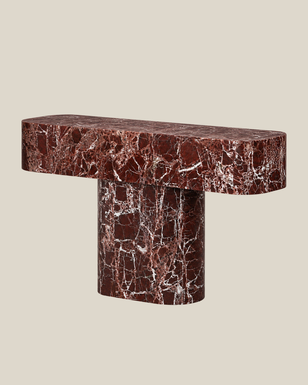 BUTTER console table by CARVINGS in Rosso Levante Marble, on a BONE background, right view.