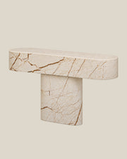 BUTTER console table by CARVINGS in Sofita Beige Marble, on a BONE background, right view.
