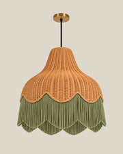 LA LUZ Scalloped Rattan Fringe Pendant — Sage Green Front