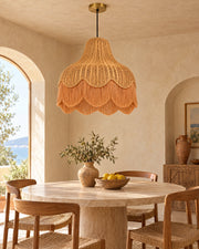 LA LUZ Scalloped Rattan Fringe Pendant — Soft Apricot Lifestyle