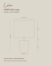LINEN Side Lamp dimensions — 35 cm shade diameter, 30 cm shade height, 15 × 20 cm base, 5 cm brass gap, 55 cm overall height