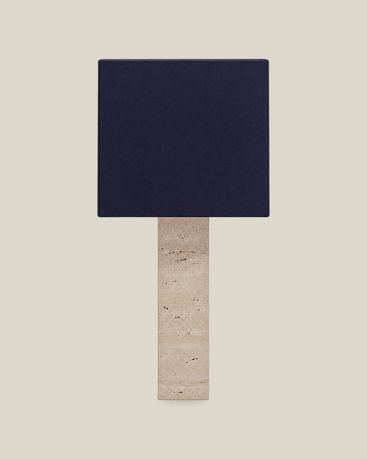 Roma Table Lamp, Large Square, Travertine Beige + Dark Blue, front hero view on bone background.
