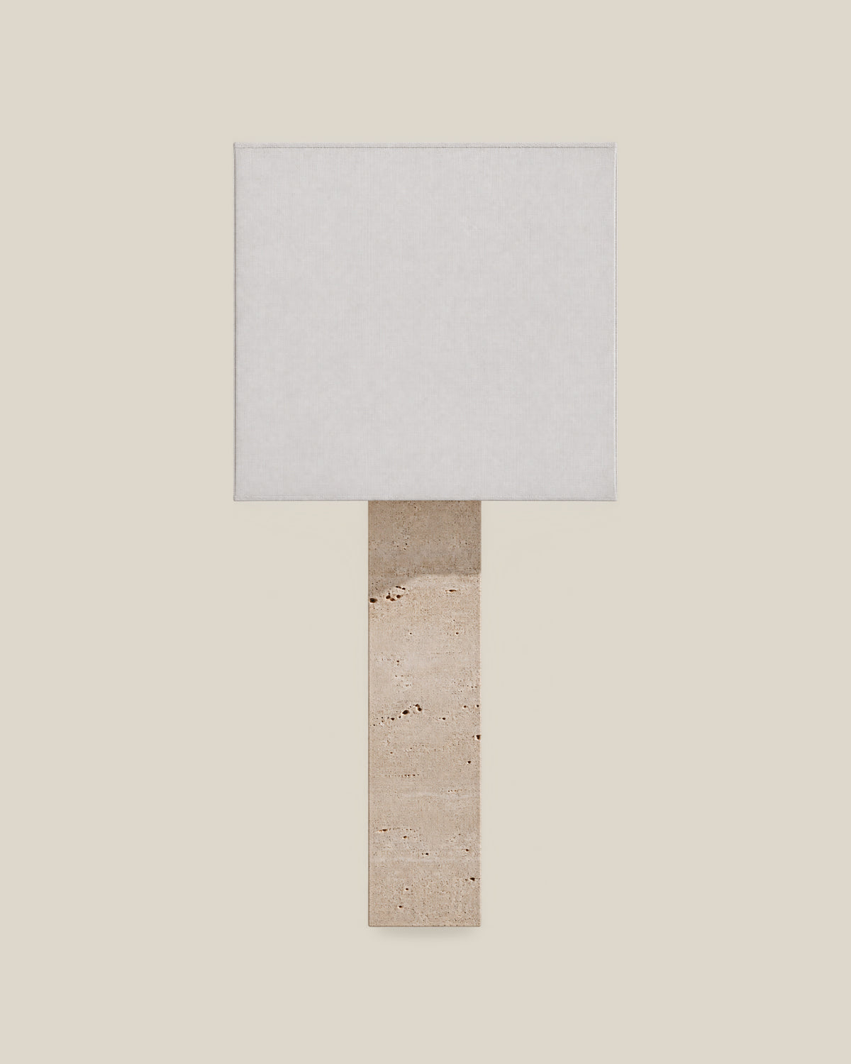 Roma Table Lamp, Large Square, Travertine Beige + White, front hero view on bone background.