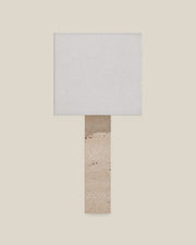 Roma Table Lamp, Large Square, Travertine Beige + White, front hero view on bone background.