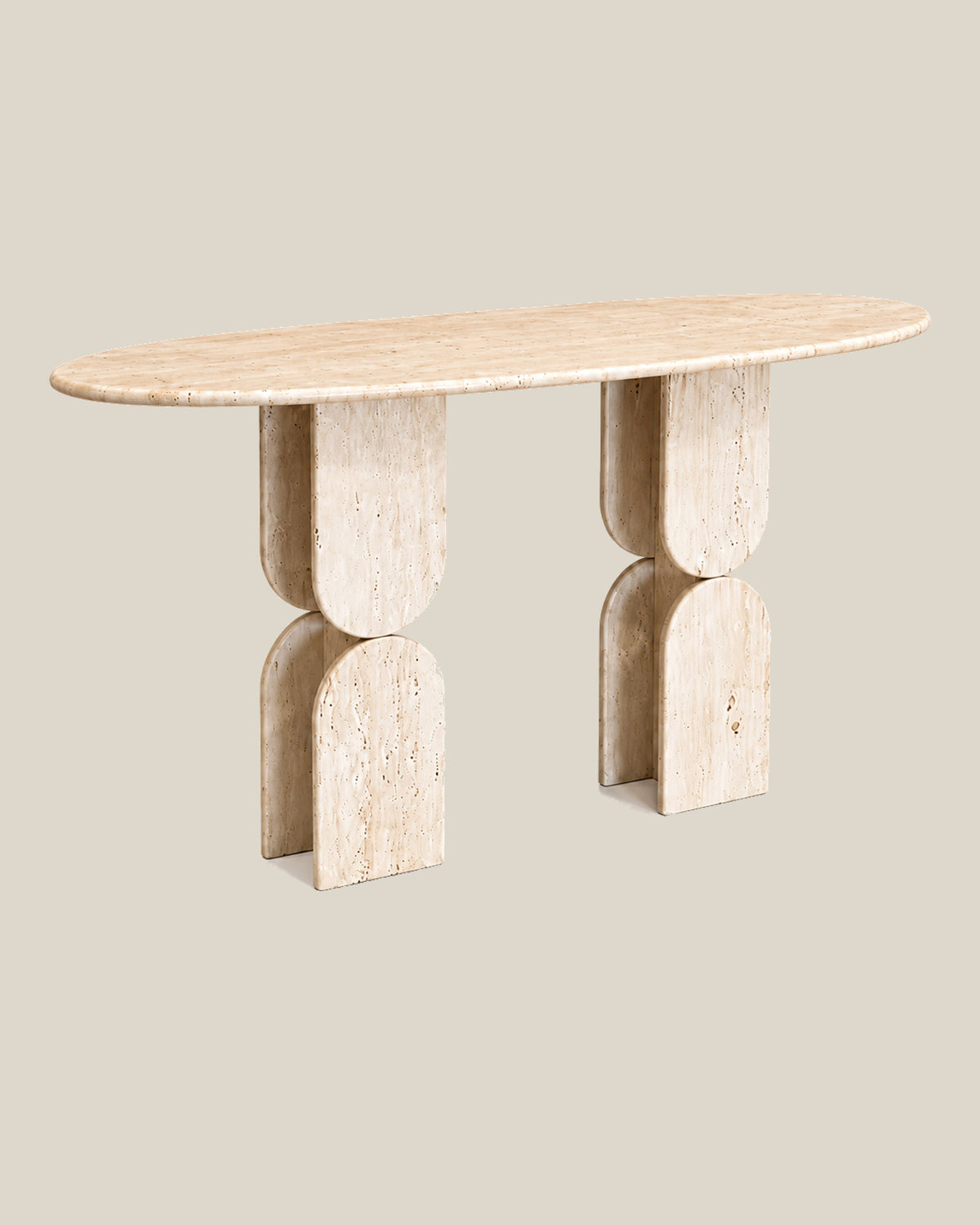 Sculptural Travertine Console Table, left three-quarter view on BONE.