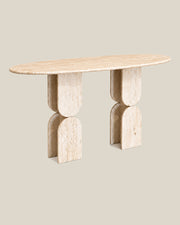 Sculptural Travertine Console Table, left three-quarter view on BONE.
